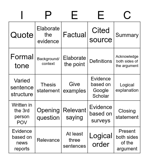 Expository Essay Bingo Card