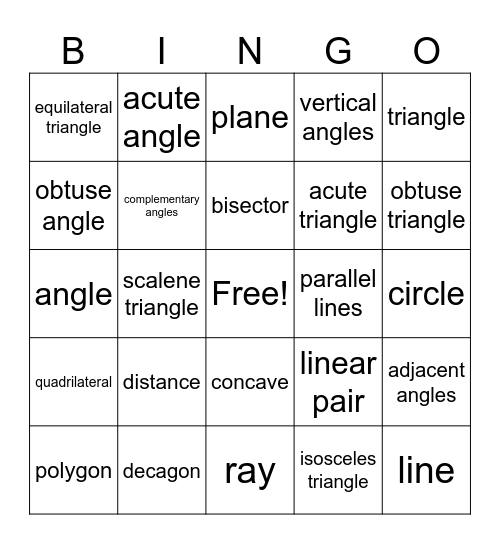 Geometry Vocabulary Bingo Card