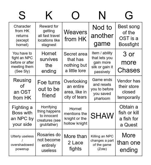 Silksong bingo Card