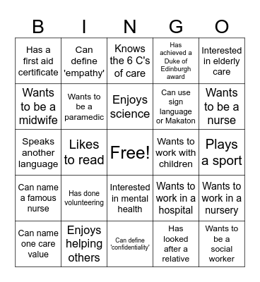 Health and Care Induction Bingo Card