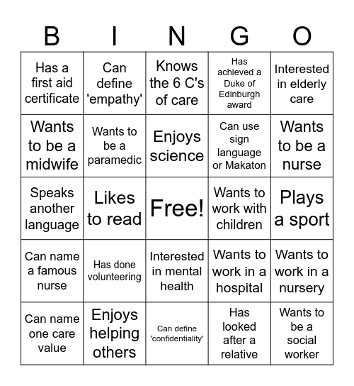 Health and Care Induction Bingo Card