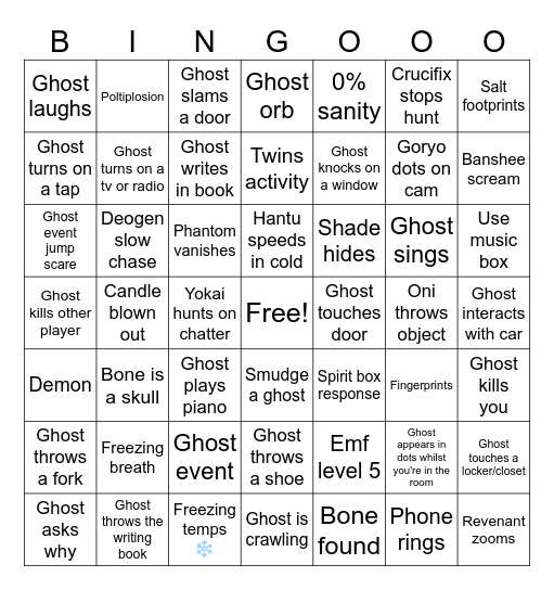 Phasmophobia Bingo Card
