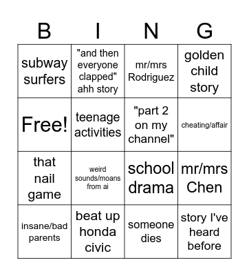 Reddit Stories Bingo Card