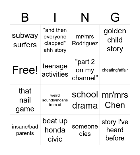 Reddit Stories Bingo Card