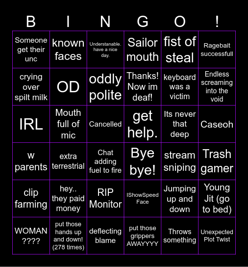 STREAMER RAGE BINGO Card