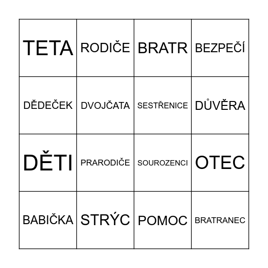 RODINA Bingo Card
