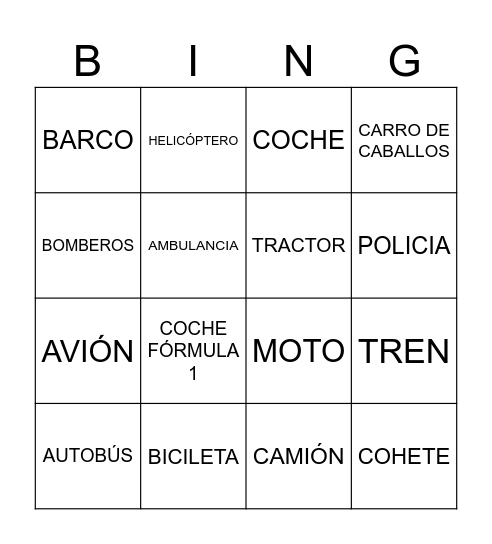 SONIDOS MEDIOS DE TRANSPORTE Bingo Card