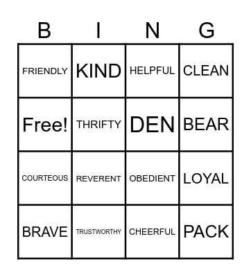 CUB SCOUT Bingo Card