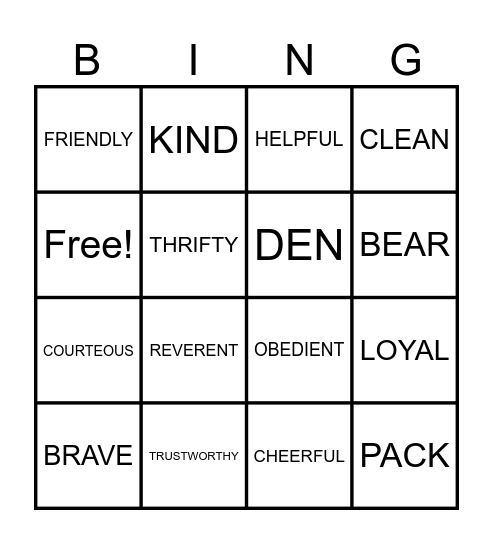 CUB SCOUT Bingo Card