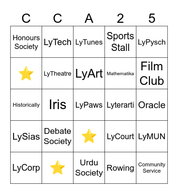 Name:__________  House:__________ Bingo Card
