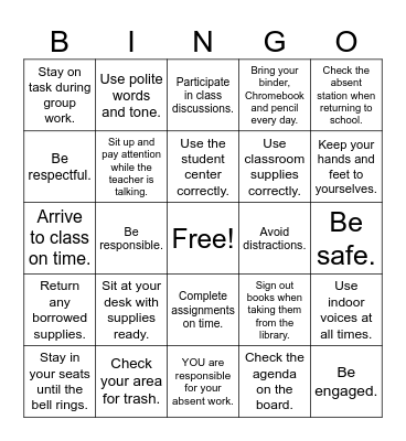 Class Rules and Expectations Bingo Card