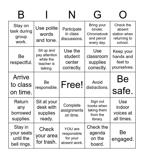 Class Rules and Expectations Bingo Card