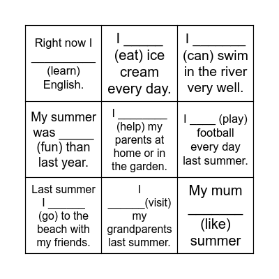 My Summer Bingo Card
