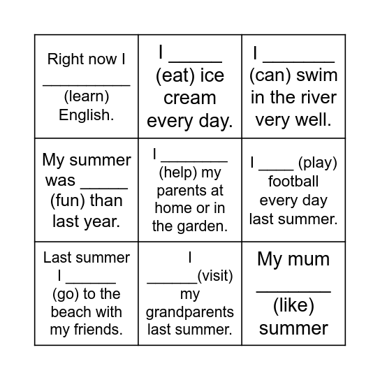My Summer Bingo Card
