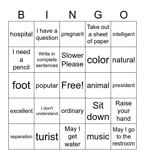 Classroom Phrases, Cognates & False Cognates Bingo Card