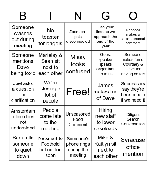 Care Manager Meeting Bingo Card