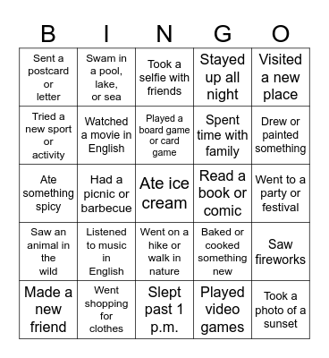 Summer Break Bingo Card