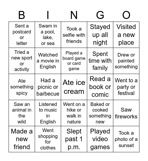 Summer Break Bingo Card