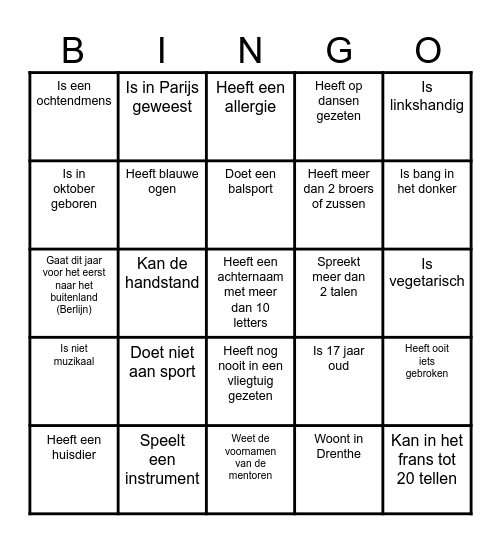 Kennismakingsbingo Card