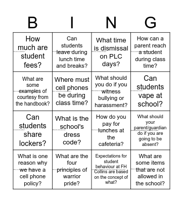 School Handbook Bingo Card