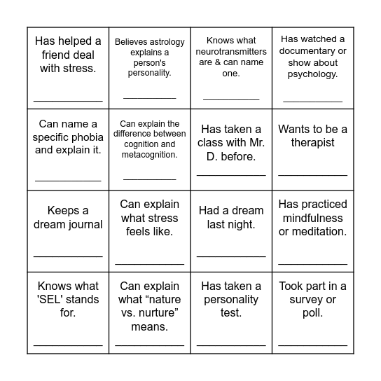 Psych Out Bingo Card
