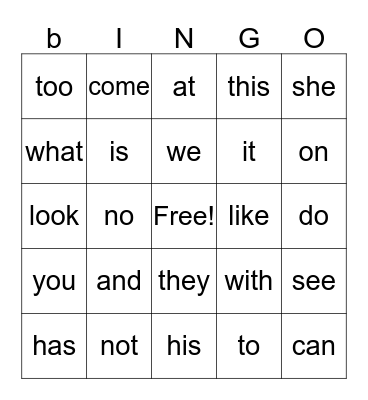 Kindergarten Sight Words Bingo Card