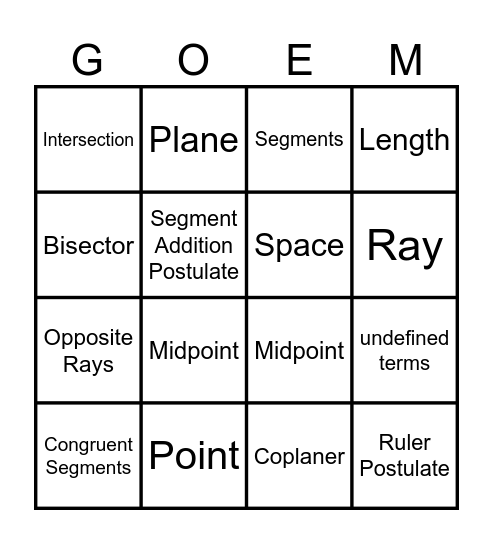 Geometry Terms Bingo Card