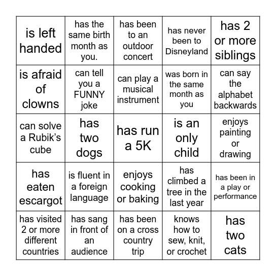 People Scavenger Hunt: Find Someone Who... Bingo Card