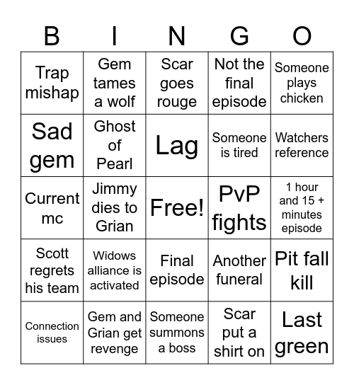 Episode 8 Bingo Card