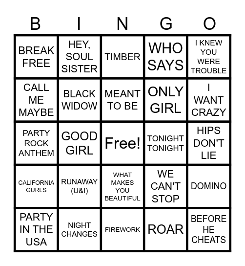 2010's MUSIC Bingo Card