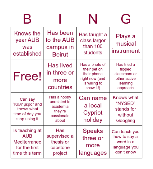 Faculty Orientation Bingo Card
