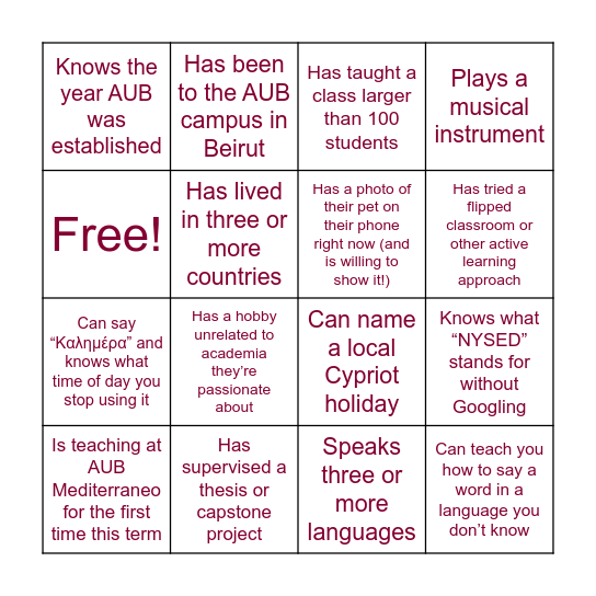 Faculty Orientation Bingo Card