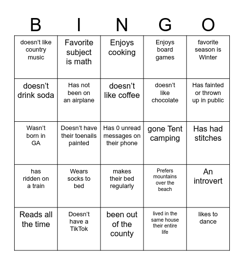 Find someone who(’s)/whose…. Bingo Card