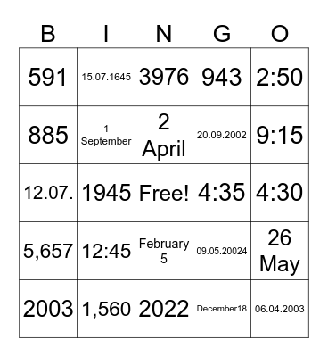 Numbers times dates Bingo Card