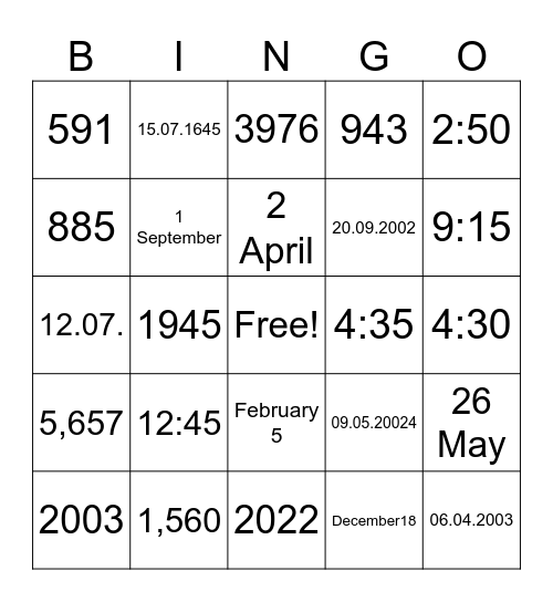Numbers times dates Bingo Card