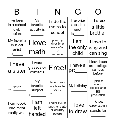 Getting to know you! Bingo Card