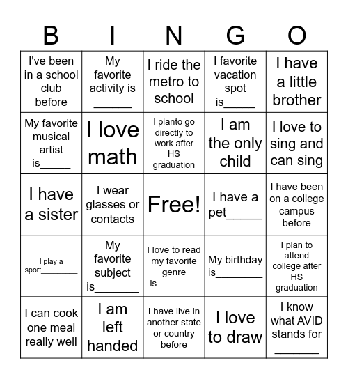 Getting to know you! Bingo Card