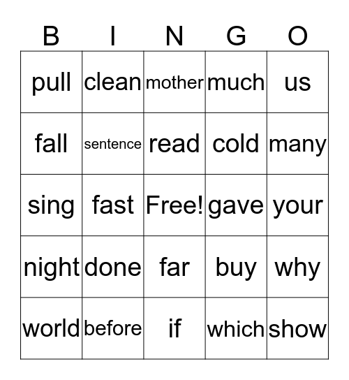 Second Grade Sight Words Bingo Card