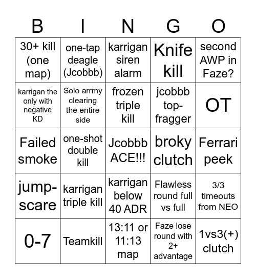 Faze vs Ecstatic Bingo Card