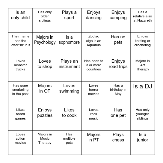 LifePrep Social Bingo Card