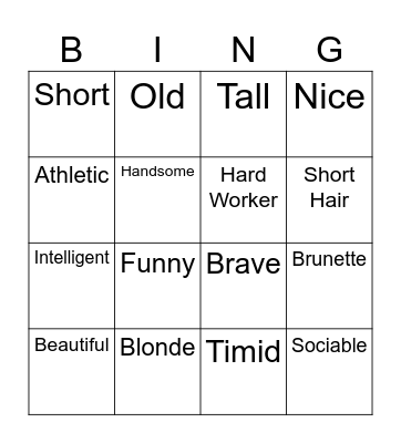 Adjetivos Bingo Card