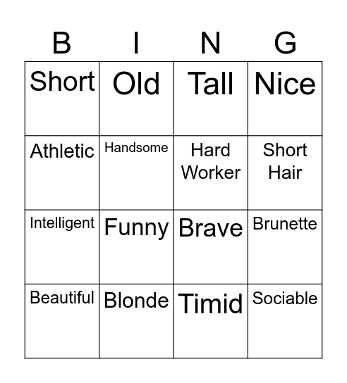 Adjetivos Bingo Card
