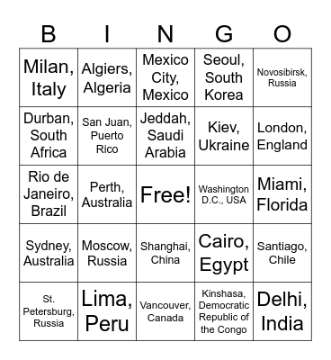 Latitude and Longitude!!! Bingo Card