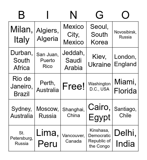 Latitude and Longitude!!! Bingo Card