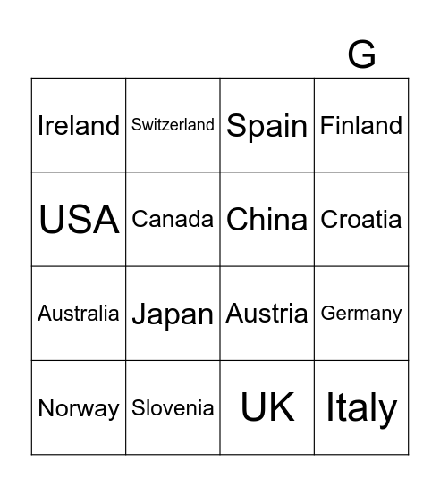 COUNTRIES Bingo Card