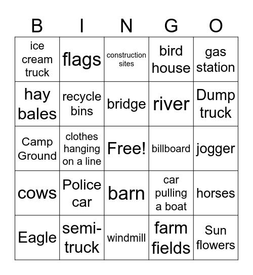 Road Trip Bingo Card
