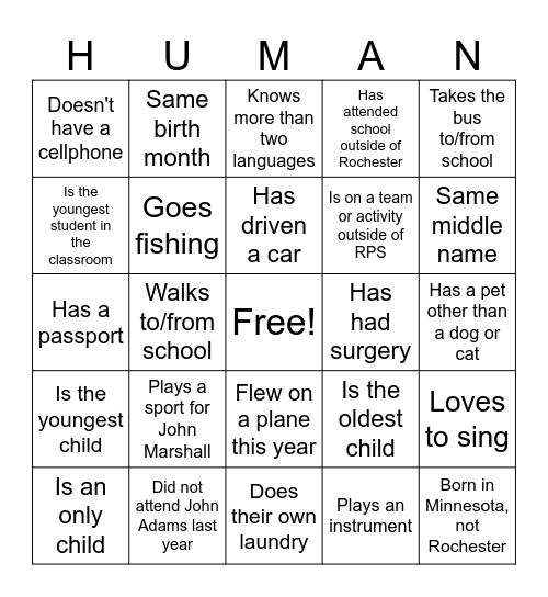 Get to Know You Bingo Card