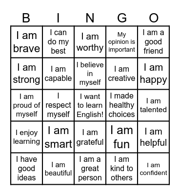 Positive Affirmations Bingo Card