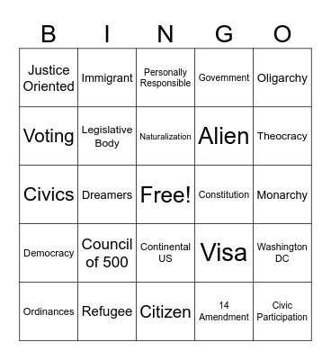 Citizenship Bingo Card