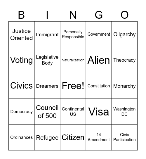 Citizenship Bingo Card